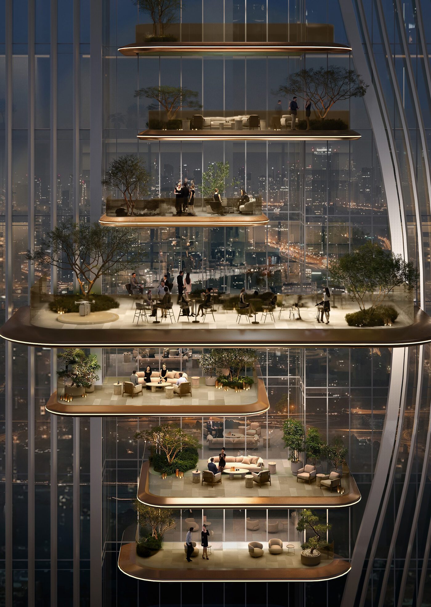 A cutaway of the tower showing terraces woven through the vertical form