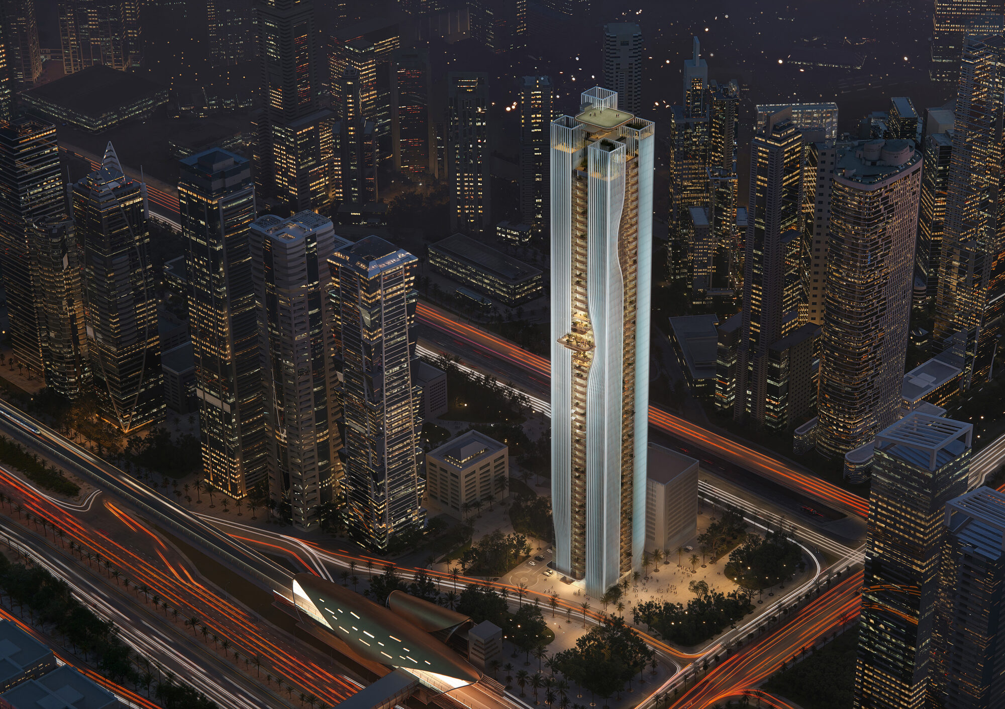Berkeley Tower seen from above at night, on Sheikh Zayed Road