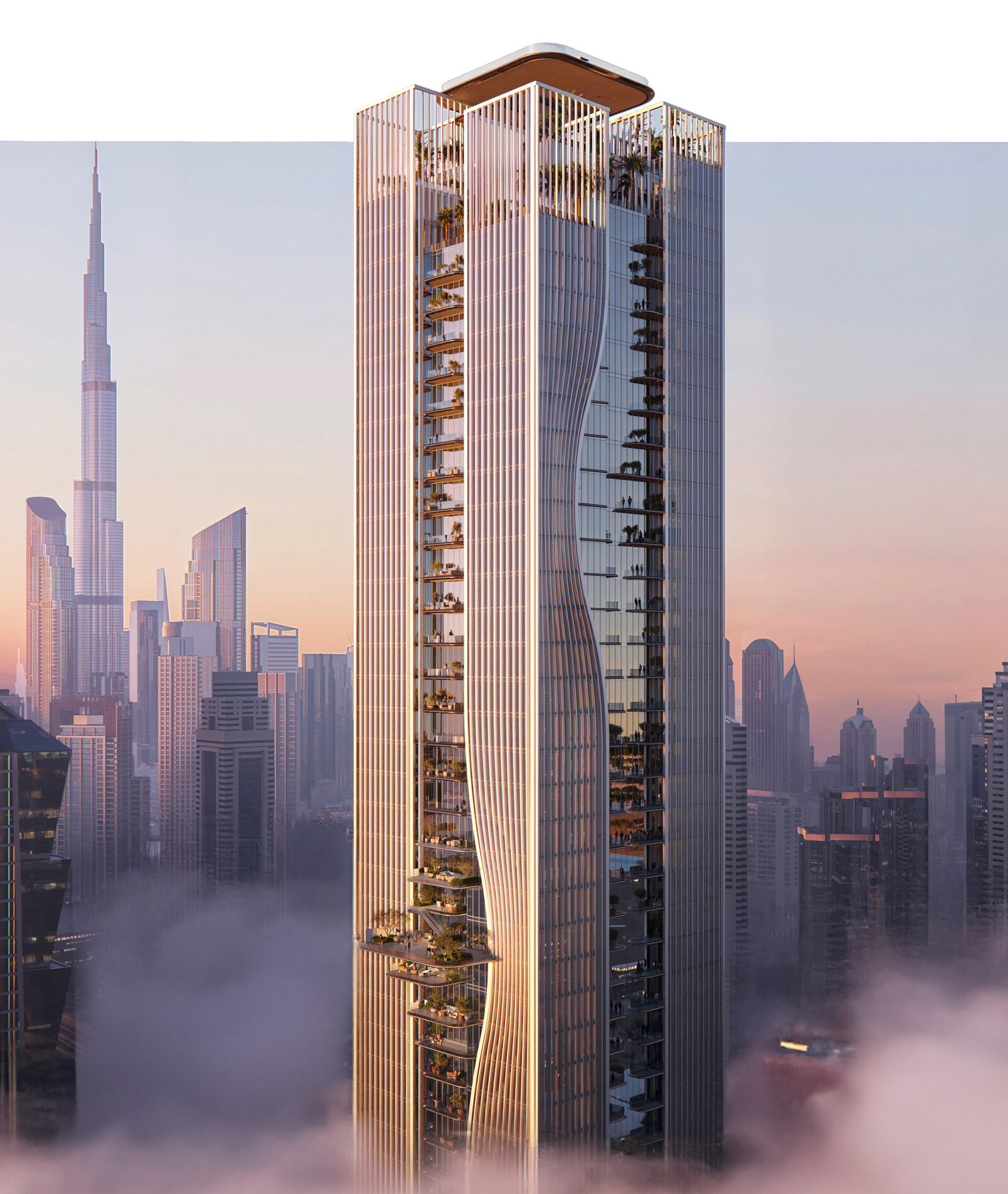 Berkeley Tower rising above low cloud, with Burj Khalifa beyond
