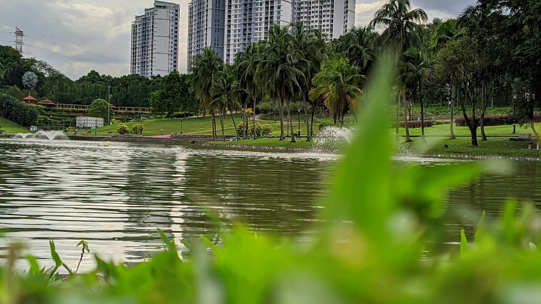 Landscaped park and lake in front of residential towers