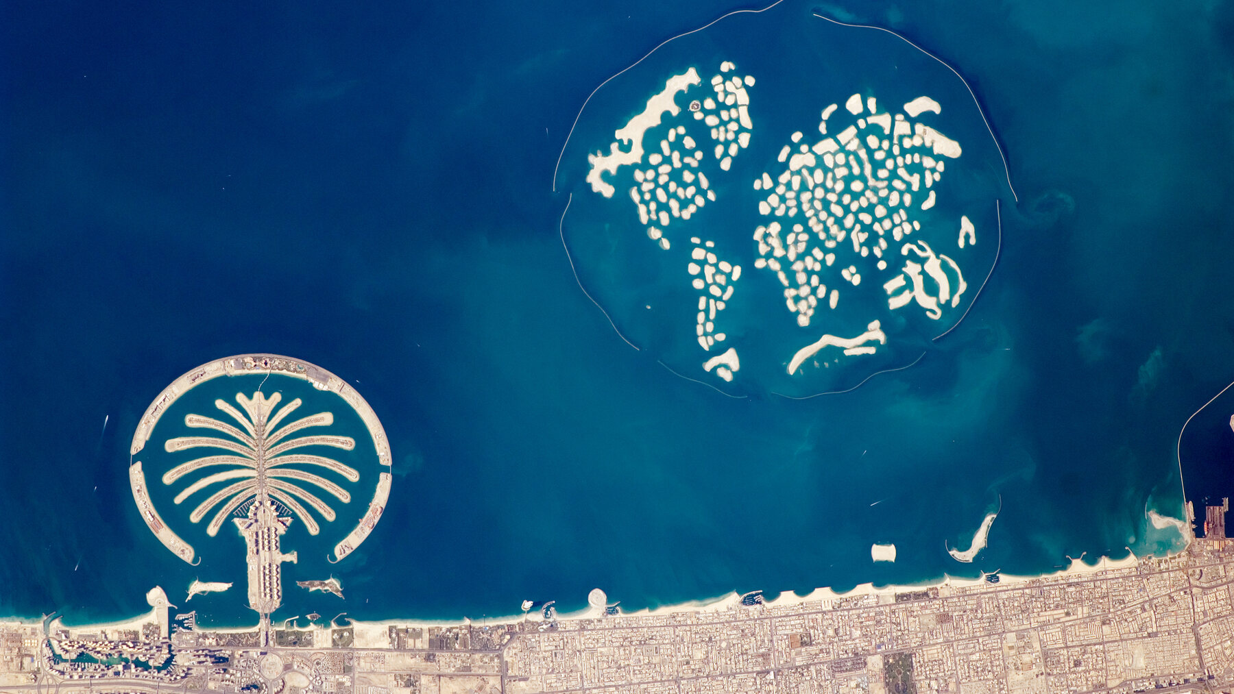 Palm Jumeirah, The World and Palm Jebel Ali seen together from the International Space Station