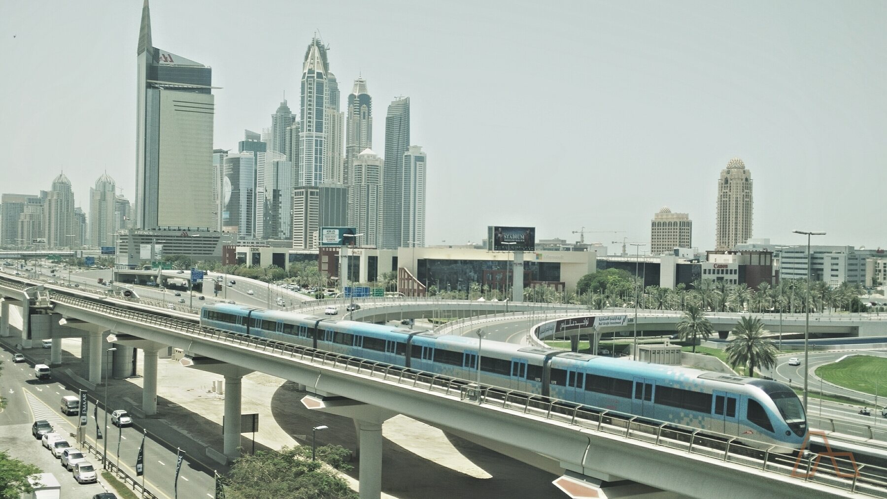 The Dubai metro along Sheikh Zayed Road — the spine the outer residential districts commute along