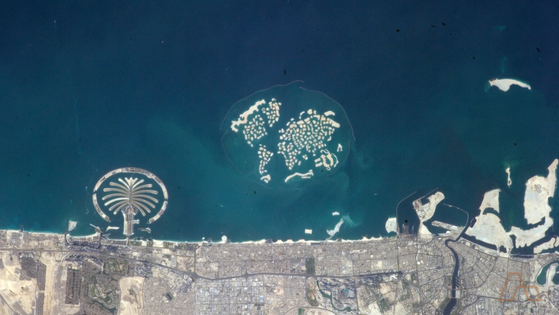 Palm Jumeirah and the World Islands from orbit