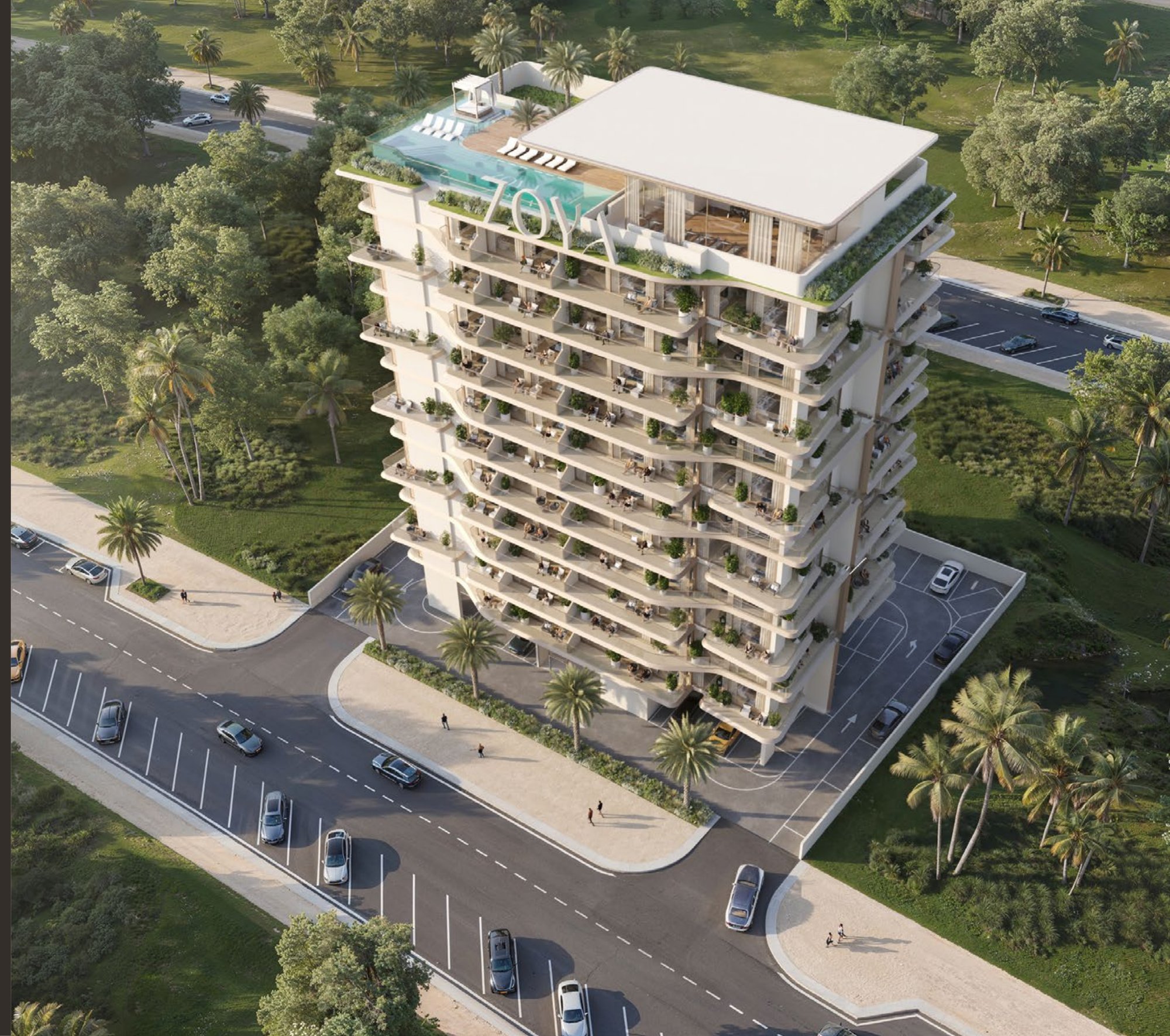 Aerial view of an IZEL by Zoya residential tower in Dubai South