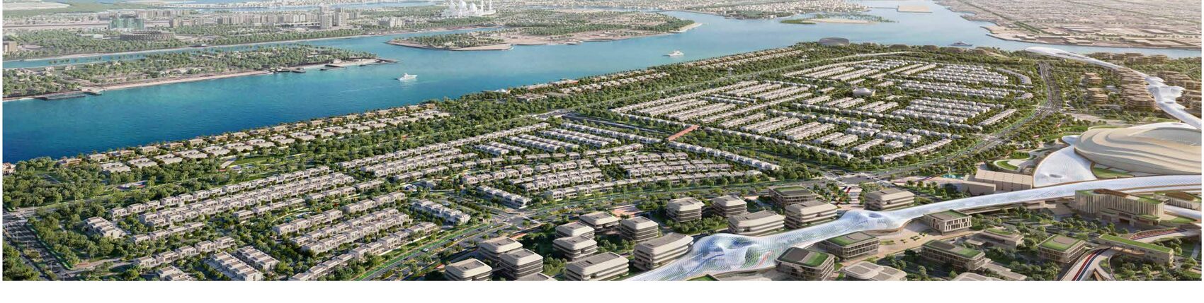 Aerial render of Wadeem Gardens on Hudayriyat Island, the villa clusters running down to the waterfront