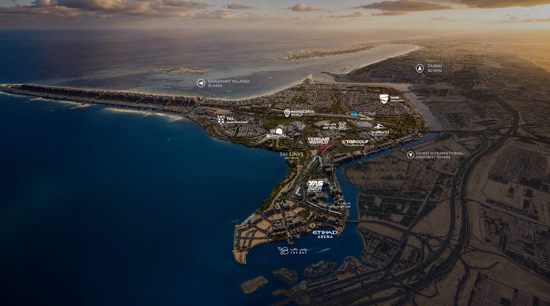 Aerial map of Yas Island, Abu Dhabi, with Yas Canal running through it