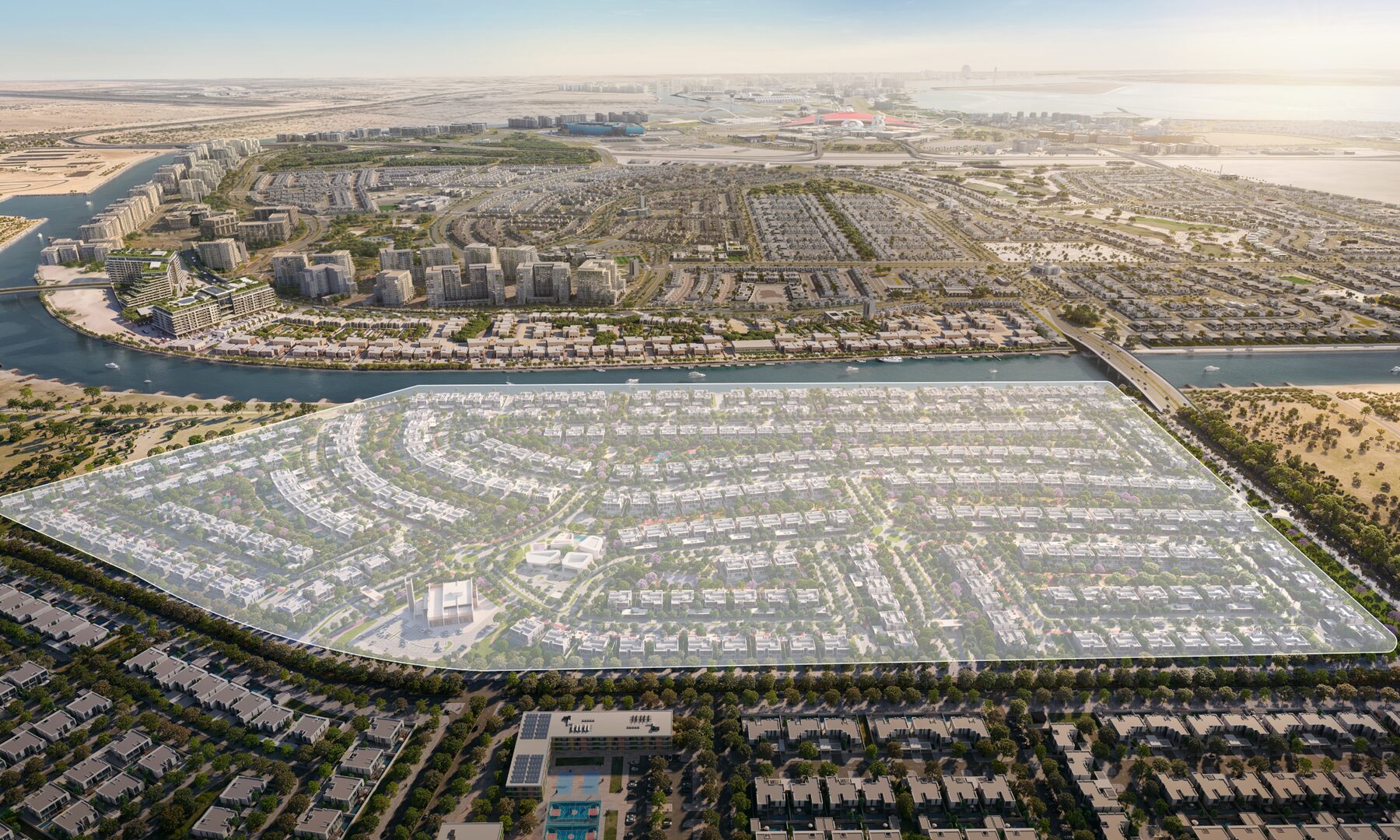 Aerial render of Yas Riva Reserve, a gated villa village outlined along the south bank of Yas Canal