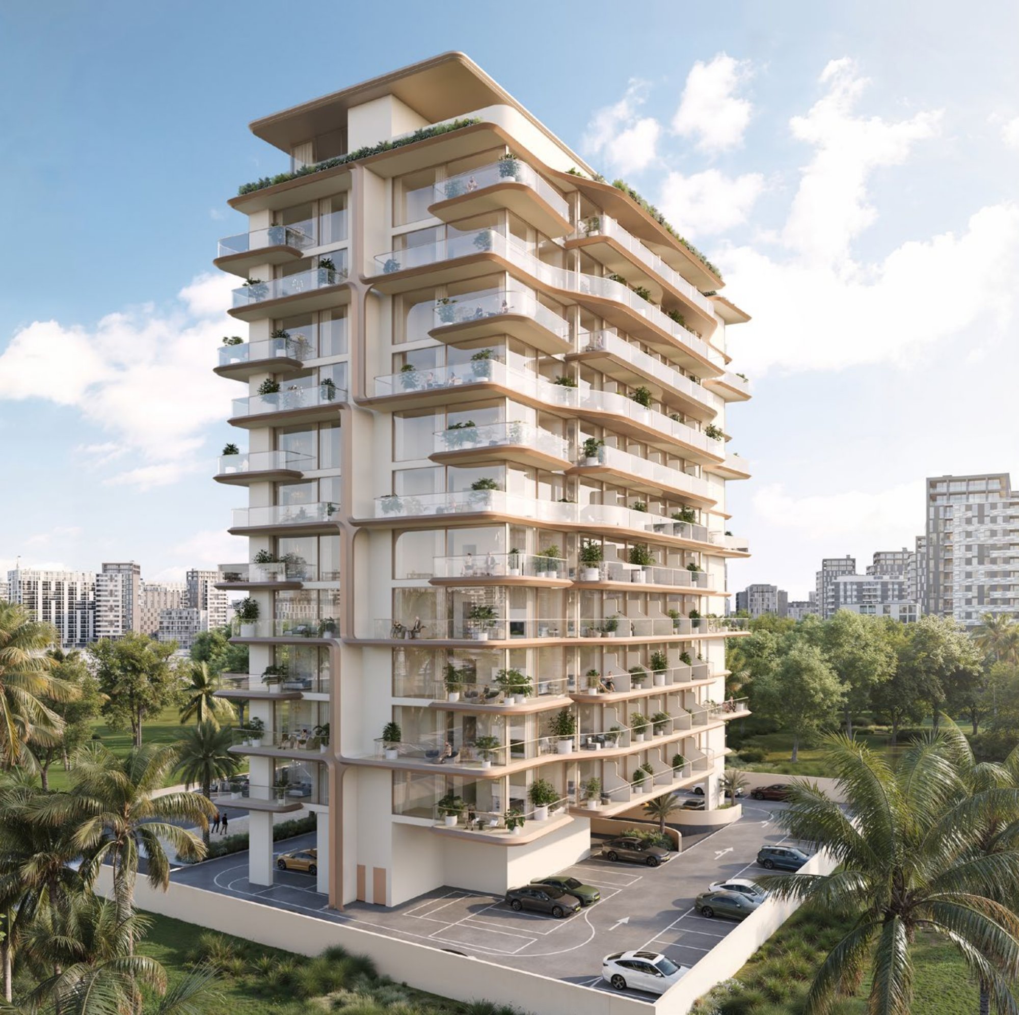 IZEL by ZOYA tower exterior with parking and landscaped grounds