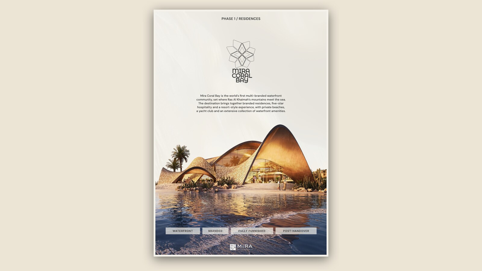 Cover page of the Richmond Residences factsheet, showing the Mira Coral Bay logo above a render of the beach pavilion