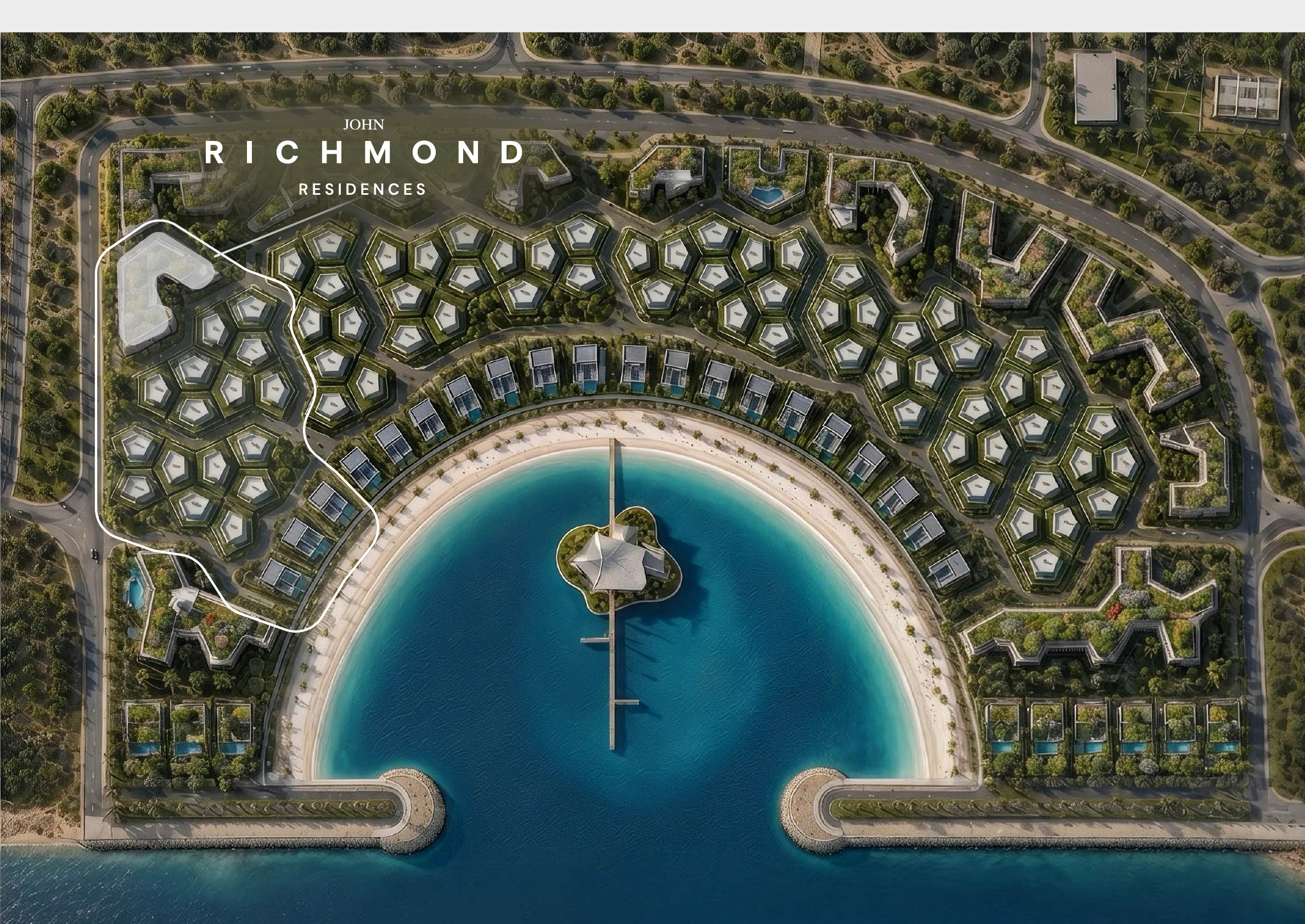 Aerial view of Plot 1 at Mira Coral Bay showing Richmond Residences and the villa clusters around the lagoon